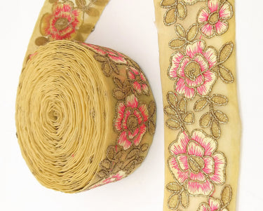 Pink and Gold Floral Embroidery Trimming, Embroidered Roses Flowers Trim, Sheer Fabric Lace